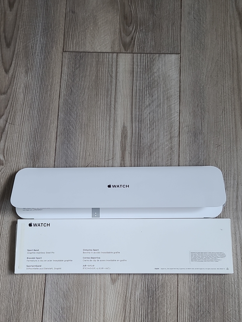 Apple White Sport Band with Apple Watch Packaging. Graphite Grey